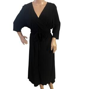 Kiyonna Womens 2X Black Wrap Dress Midi Dark Feminine Workwear Office Sexy